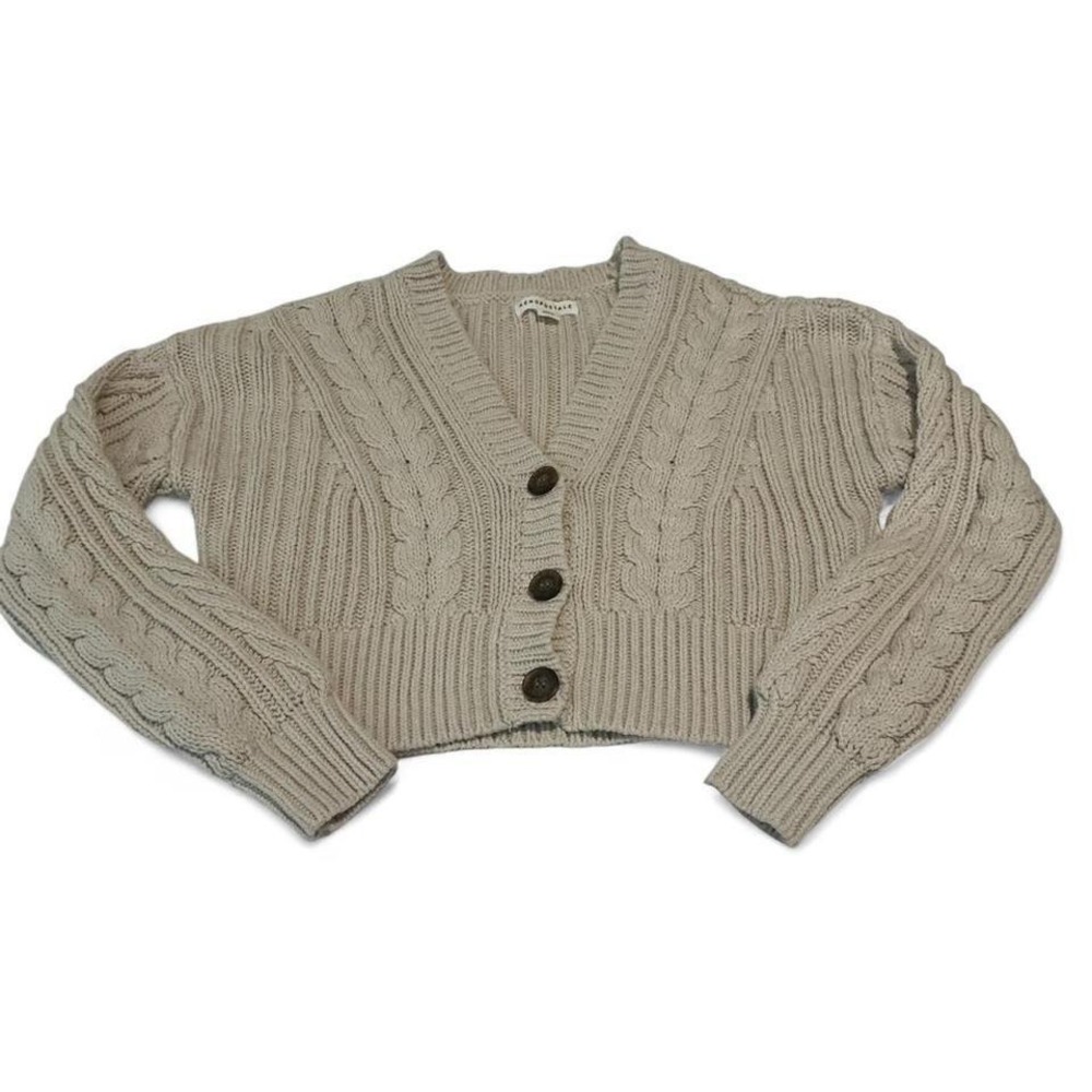 Aeropostale Cable Knit Cropped Cardigan Womens XS Beige Excellent V-Neck Sweater